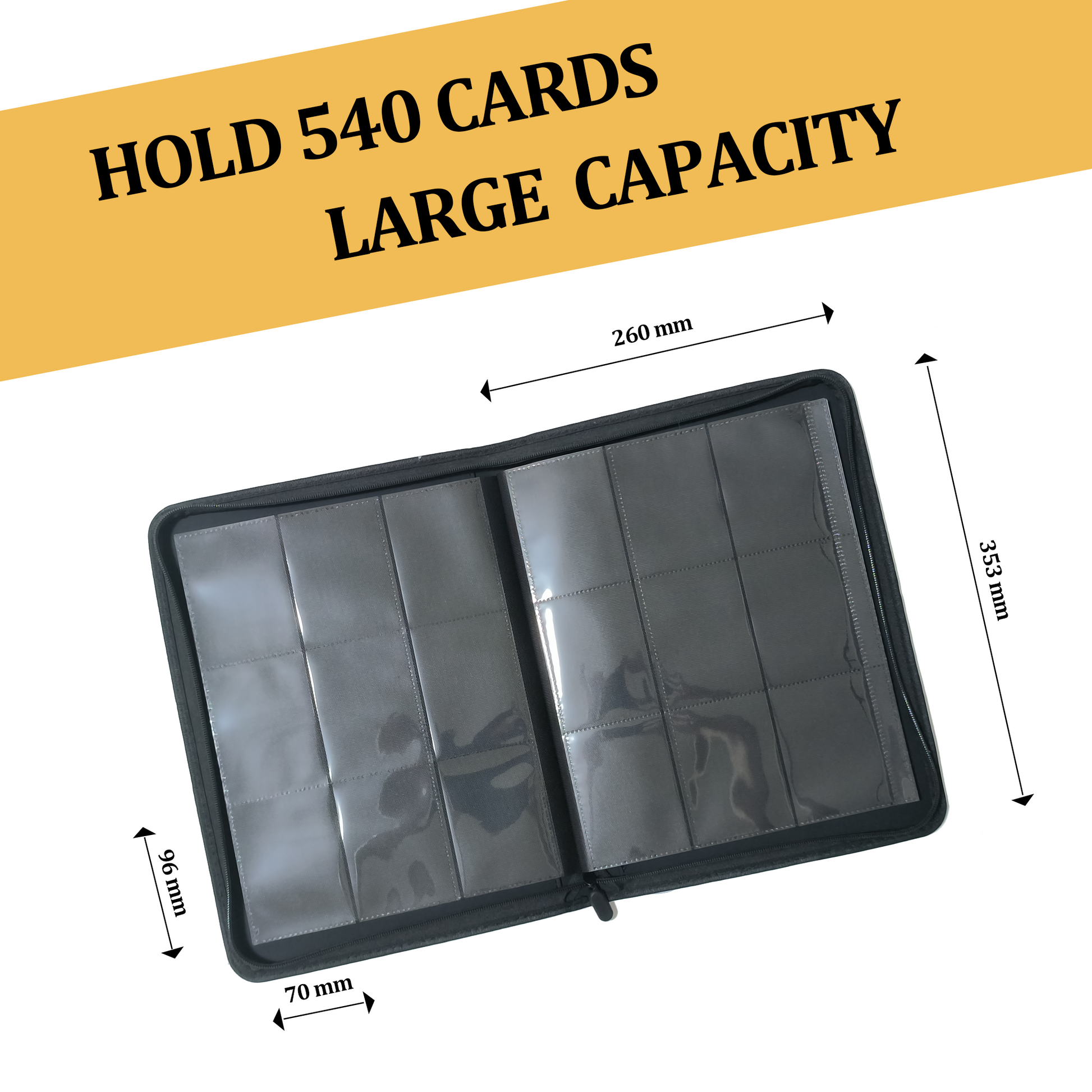 Open 9-pocket TCG card binder showing clear inner pages. Dimensional arrows indicate the binder is 260mm by 353mm, and individual card pockets are 70mm by 96mm. Text reads: Hold 540 Cards, Large Capacity.