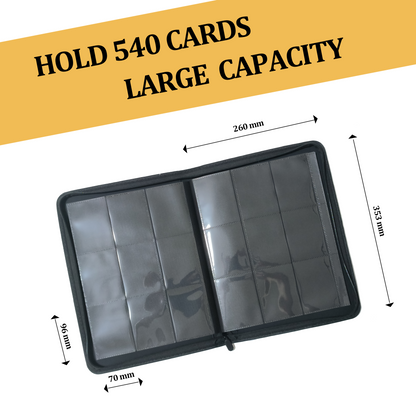 Open 9-pocket TCG card binder showing clear inner pages. Dimensional arrows indicate the binder is 260mm by 353mm, and individual card pockets are 70mm by 96mm. Text reads: Hold 540 Cards, Large Capacity.