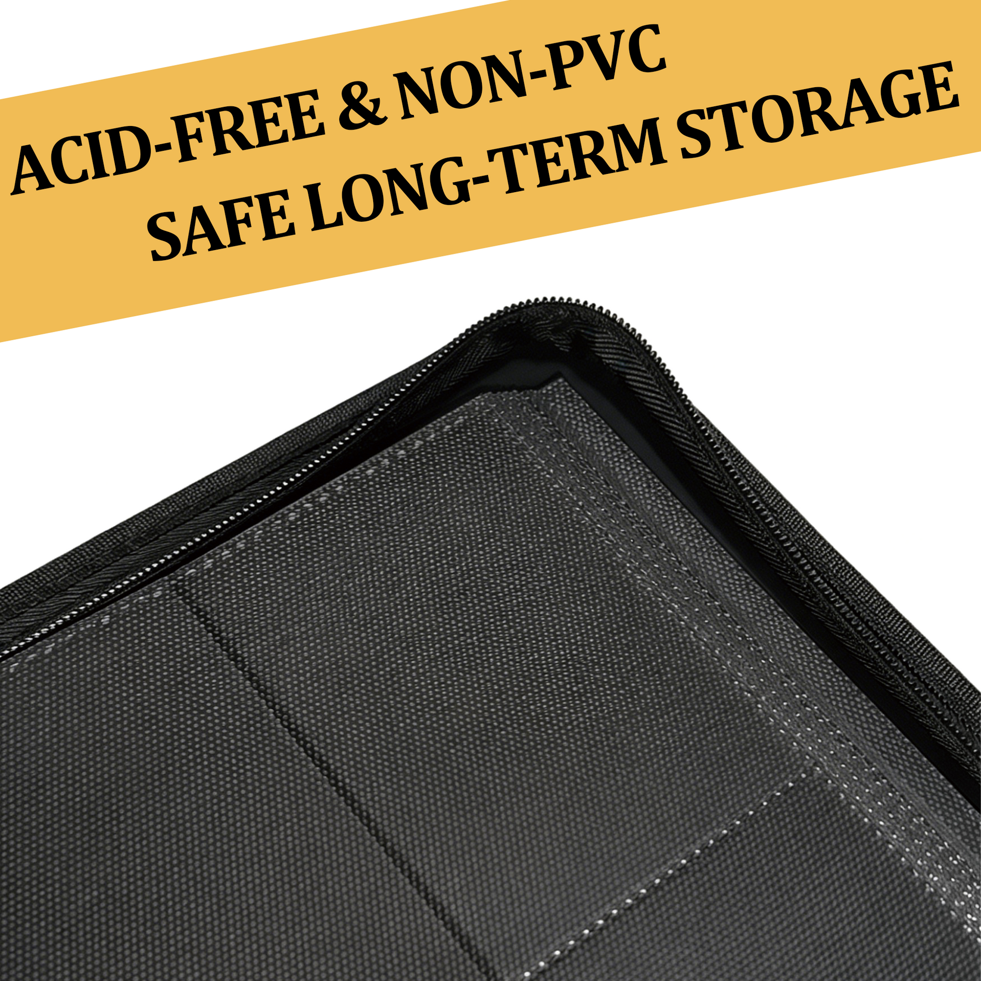 Close-up of the black textured backing of the binder's inner pages and zipper stitching. Text reads: Acid-Free & Non-PVC, Safe Long-Term Storage.