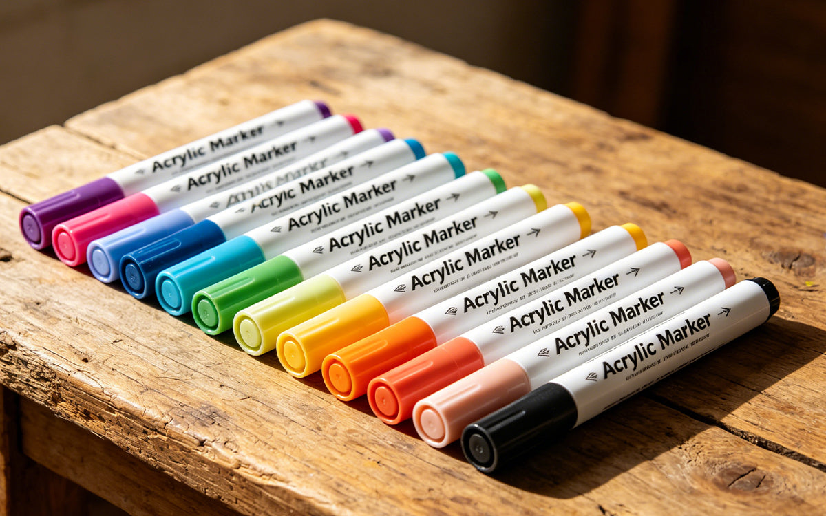 Colorful acrylic markers used for flawless hand-painting and customizing on Algiz Forge blank matte PU TCG binders.