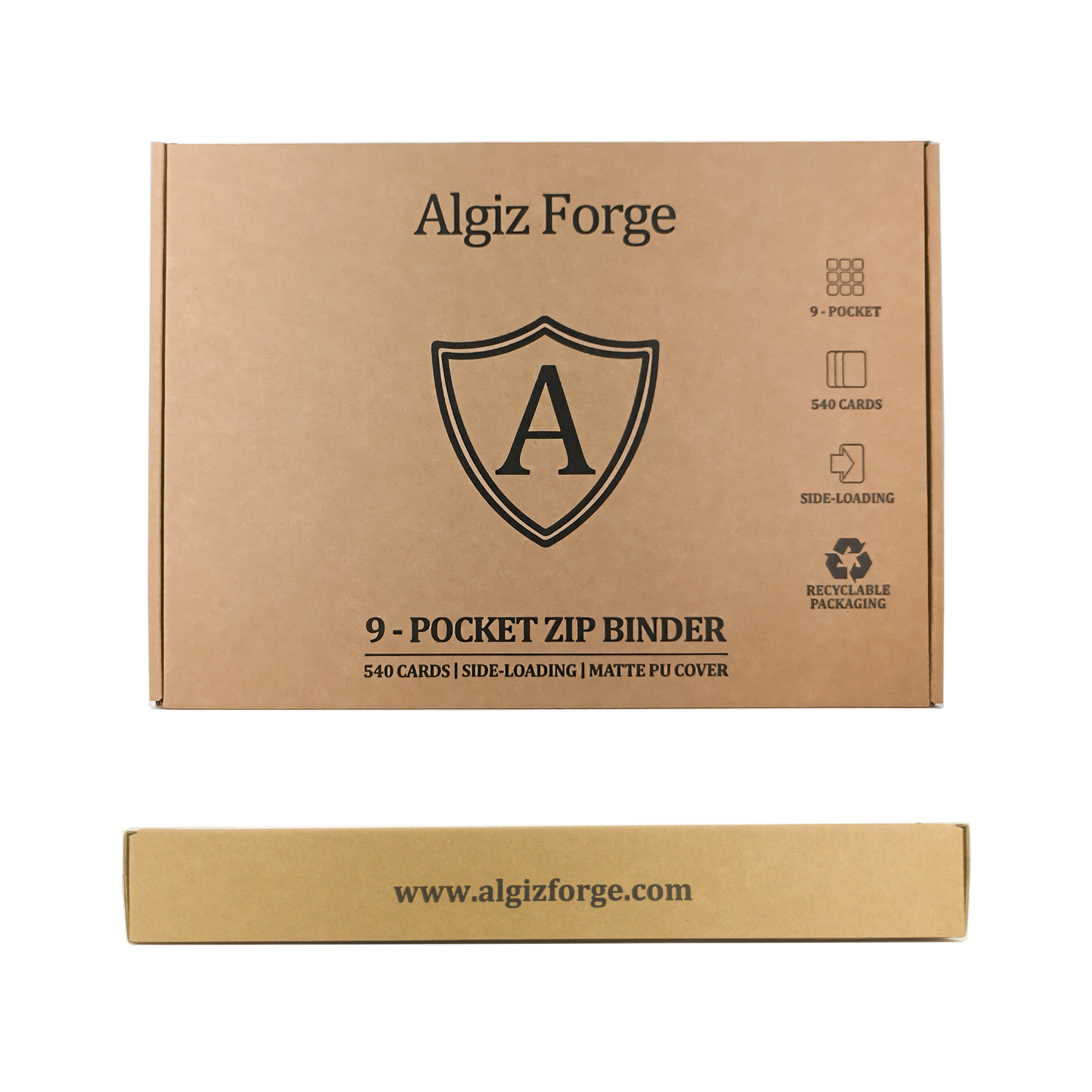 Kraft cardboard packaging box for the Algiz Forge 9-Pocket Zip Binder. The top face features the brand's shield logo and highlights key specs: 540 cards capacity, side-loading, matte PU cover, and recyclable packaging. The side panel displays the official website www.algizforge.com.