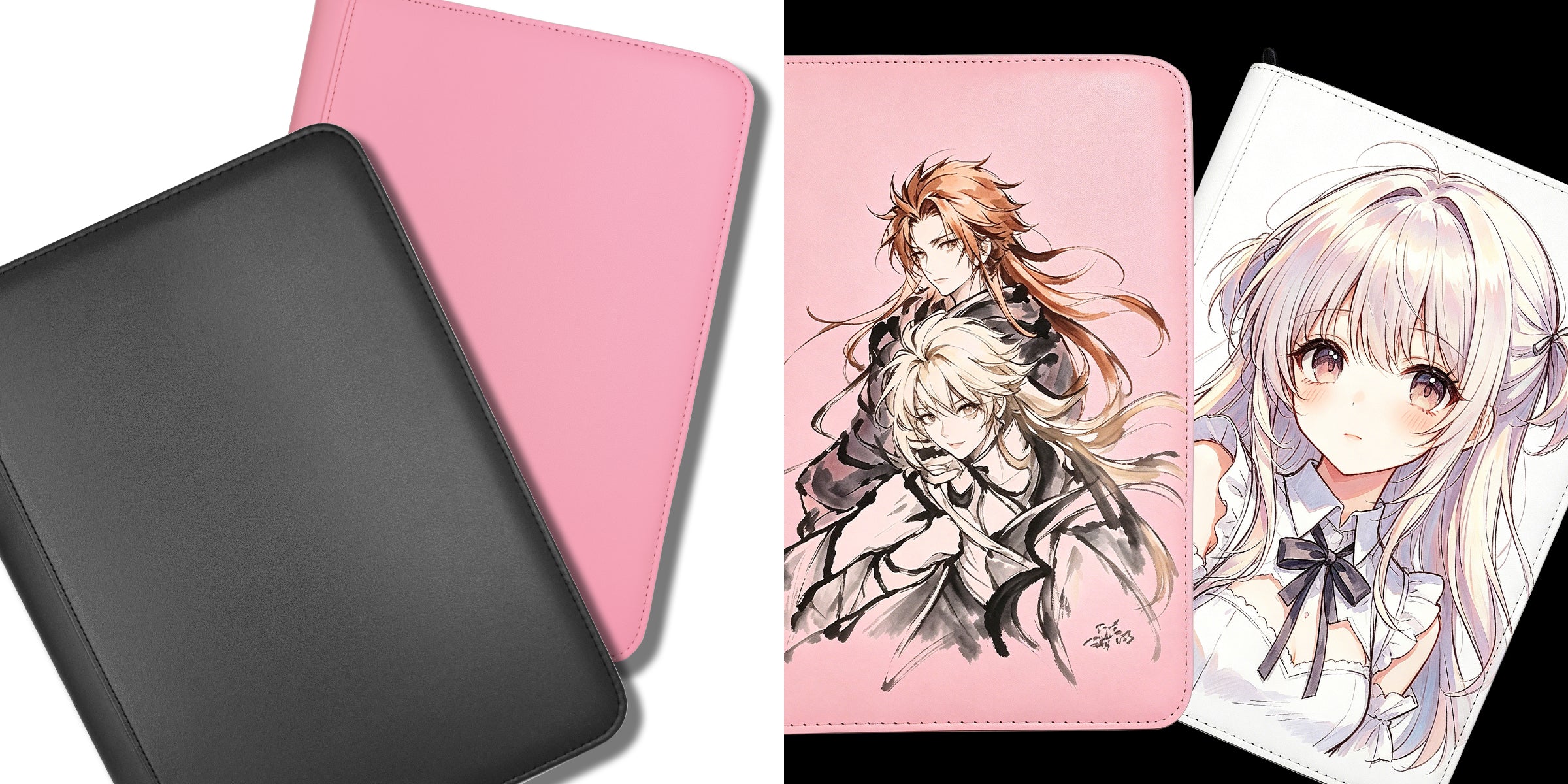 Algiz Forge blank matte PU TCG binders displayed next to beautifully hand-painted anime art card albums. The ultimate DIY canvas for your trading card collection.