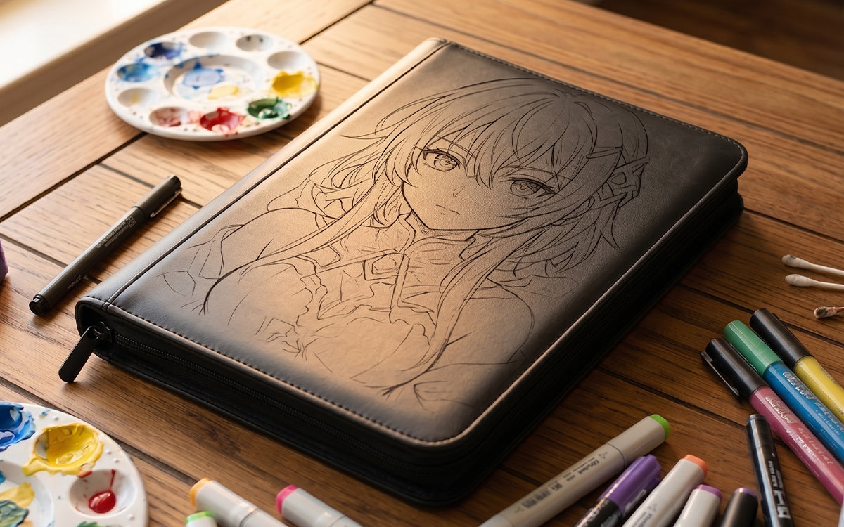 Detailed anime character pencil sketch drafted on a blank black 540-card TCG binder, showcasing limitless DIY creativity.