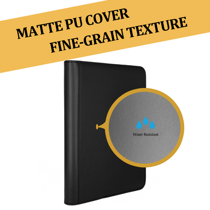 Black 9-pocket TCG binder with a magnifying callout showing water droplets. Text reads: Matte PU Cover, Fine-Grain Texture, Dust & Water Resistant.