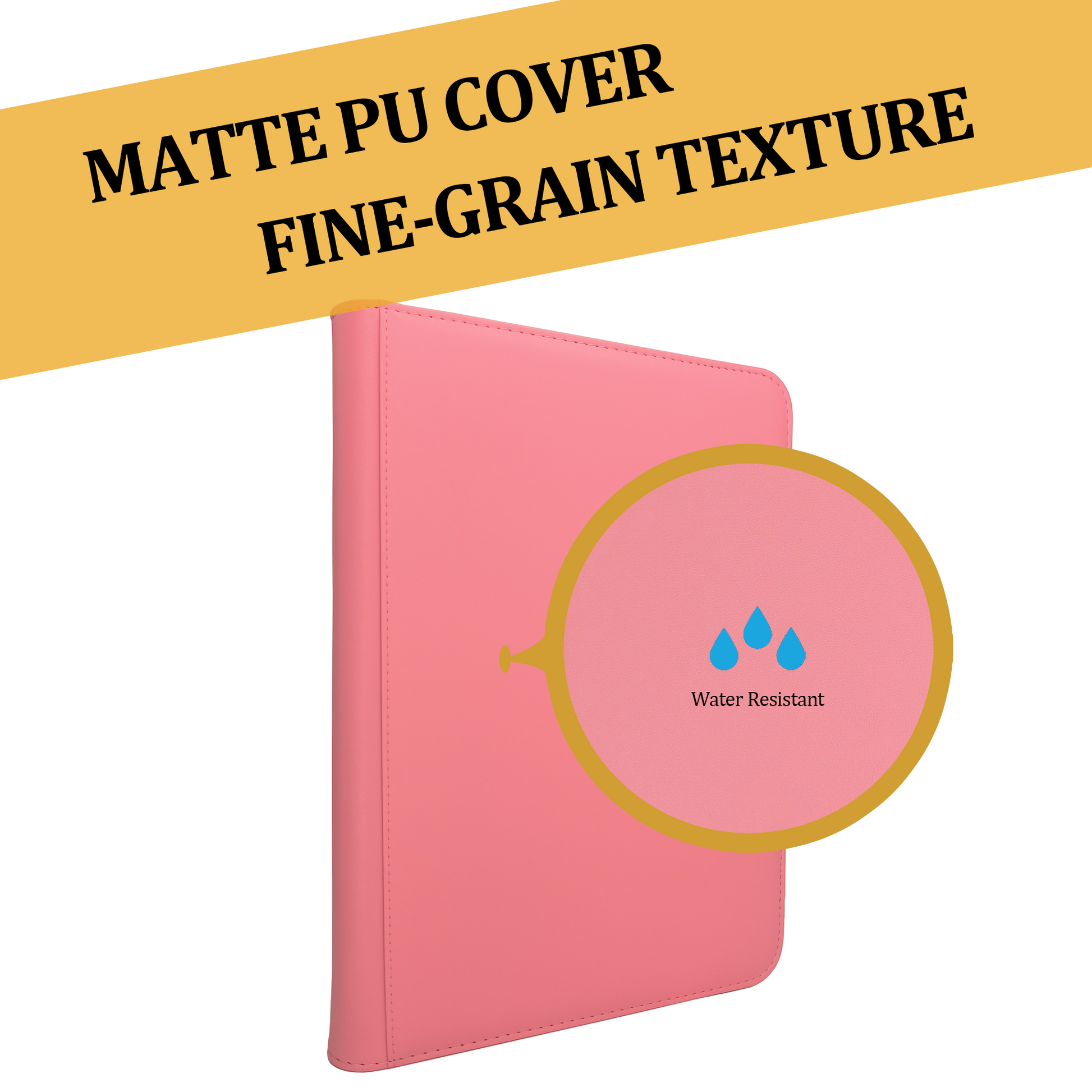 Pink 9-pocket TCG binder with a magnifying callout showing water droplets. Text reads: Matte PU Cover, Fine-Grain Texture, Dust & Water Resistant.