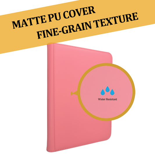 Pink 9-pocket TCG binder with a magnifying callout showing water droplets. Text reads: Matte PU Cover, Fine-Grain Texture, Dust & Water Resistant.