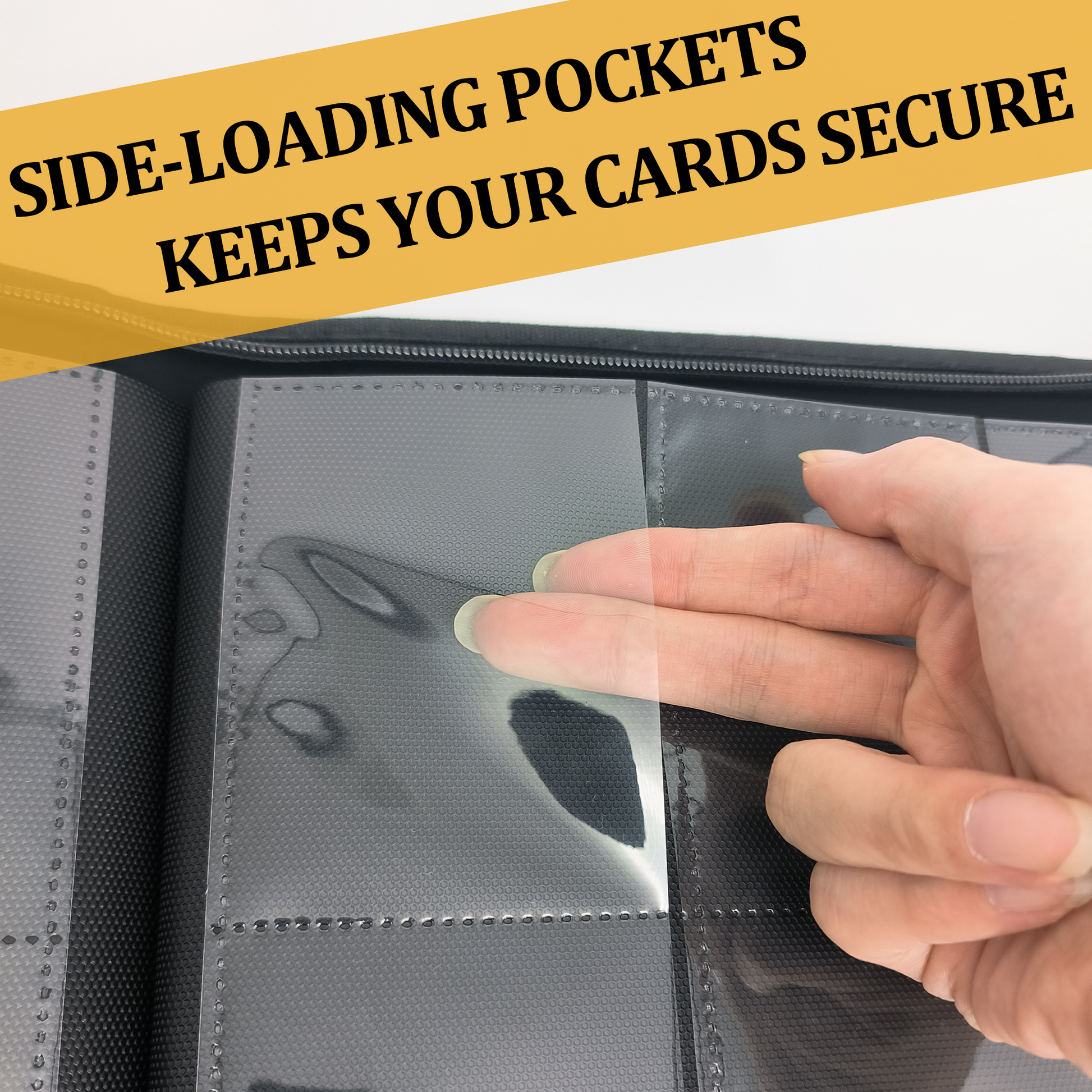 Fingers gently pulling open a clear side-loading card pocket inside a TCG binder to demonstrate easy and safe insertion. Text reads: Side-Loading Pockets, Keeps Your Cards Secure.