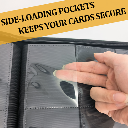 Fingers gently pulling open a clear side-loading card pocket inside a TCG binder to demonstrate easy and safe insertion. Text reads: Side-Loading Pockets, Keeps Your Cards Secure.
