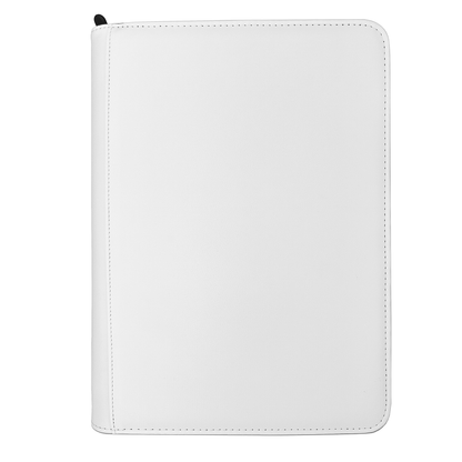 Blank white matte PU TCG binder with 9-pocket 540-card capacity, perfect for DIY hand-painted art, front view.