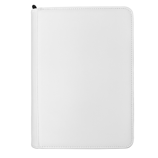 Blank white matte PU TCG binder with 9-pocket 540-card capacity, perfect for DIY hand-painted art, front view.