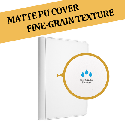 White 9-pocket TCG binder with a magnifying callout showing water droplets. Text reads: Matte PU Cover, Fine-Grain Texture, Dust & Water Resistant.